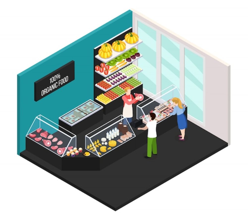 有機食品等距內部農貿市場賣家向買家展示新鮮的農場肉